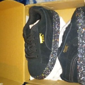 Toddler sneakers, black  Puma with multiple colors on buttom, unisex size 6c